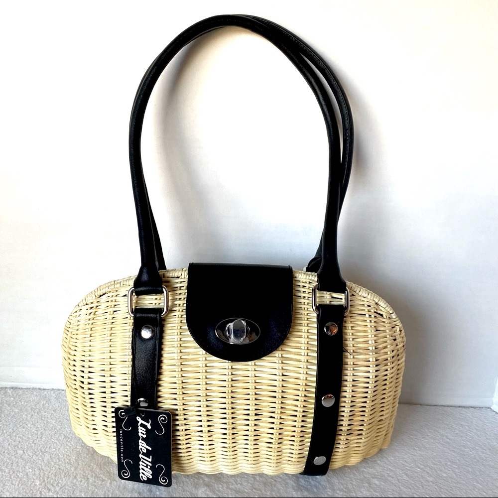 Lux de Ville “Romeo” Straw Satchel Handbag with Black Faux Leather Detail NEW